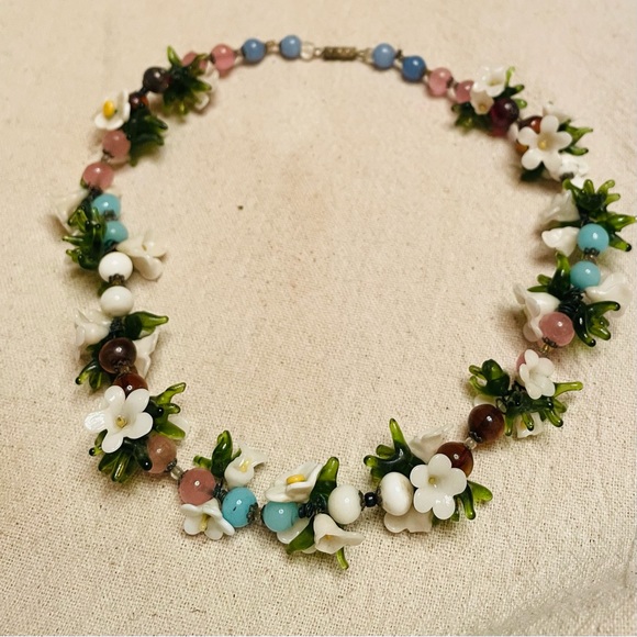 Vintage Jewelry - Murano Jewelry Glass Floral Necklace Vintage Venetian Murano Art Glass